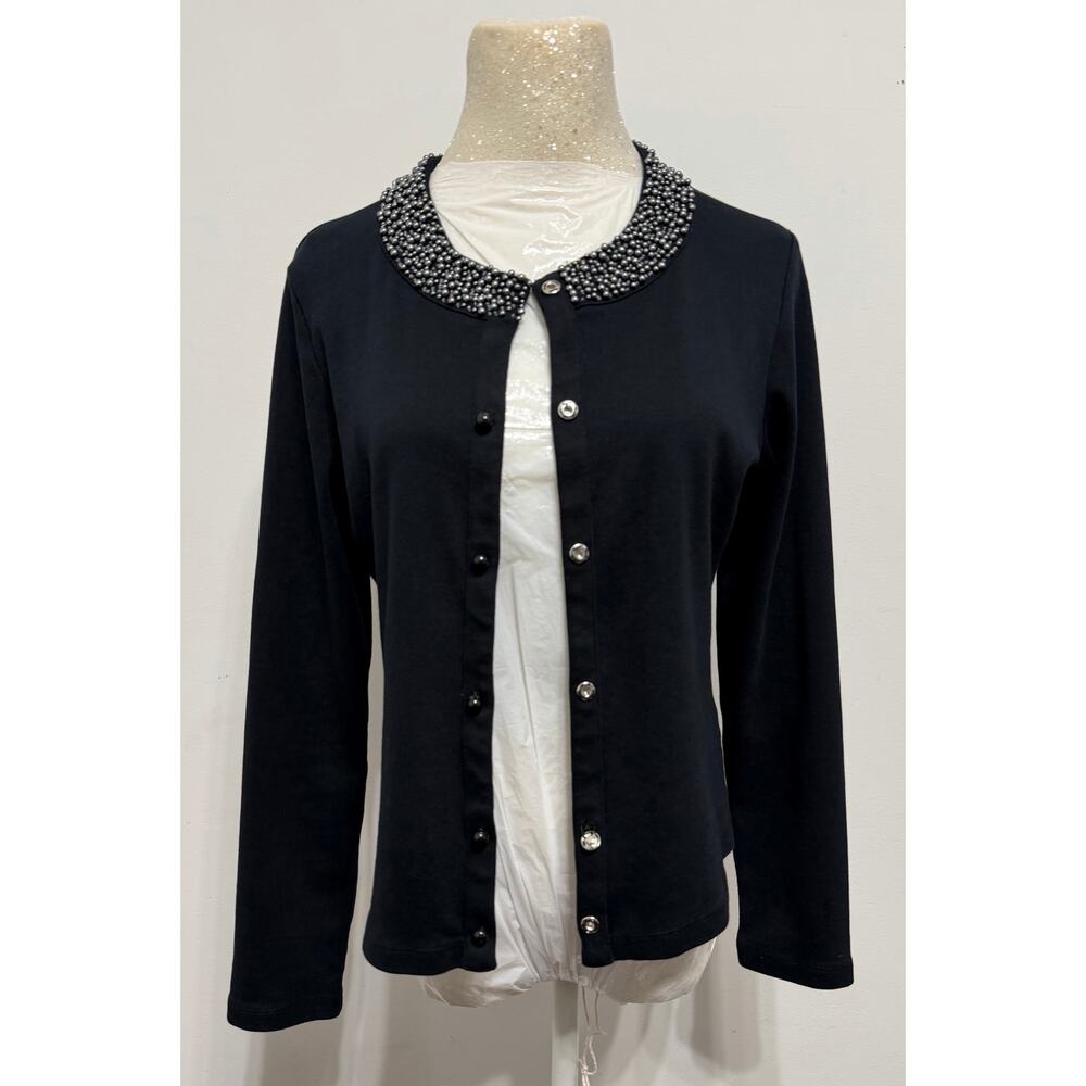 Rafaella Women's Button Up Cardigan sz M Black Beaded Cotton Office Layers